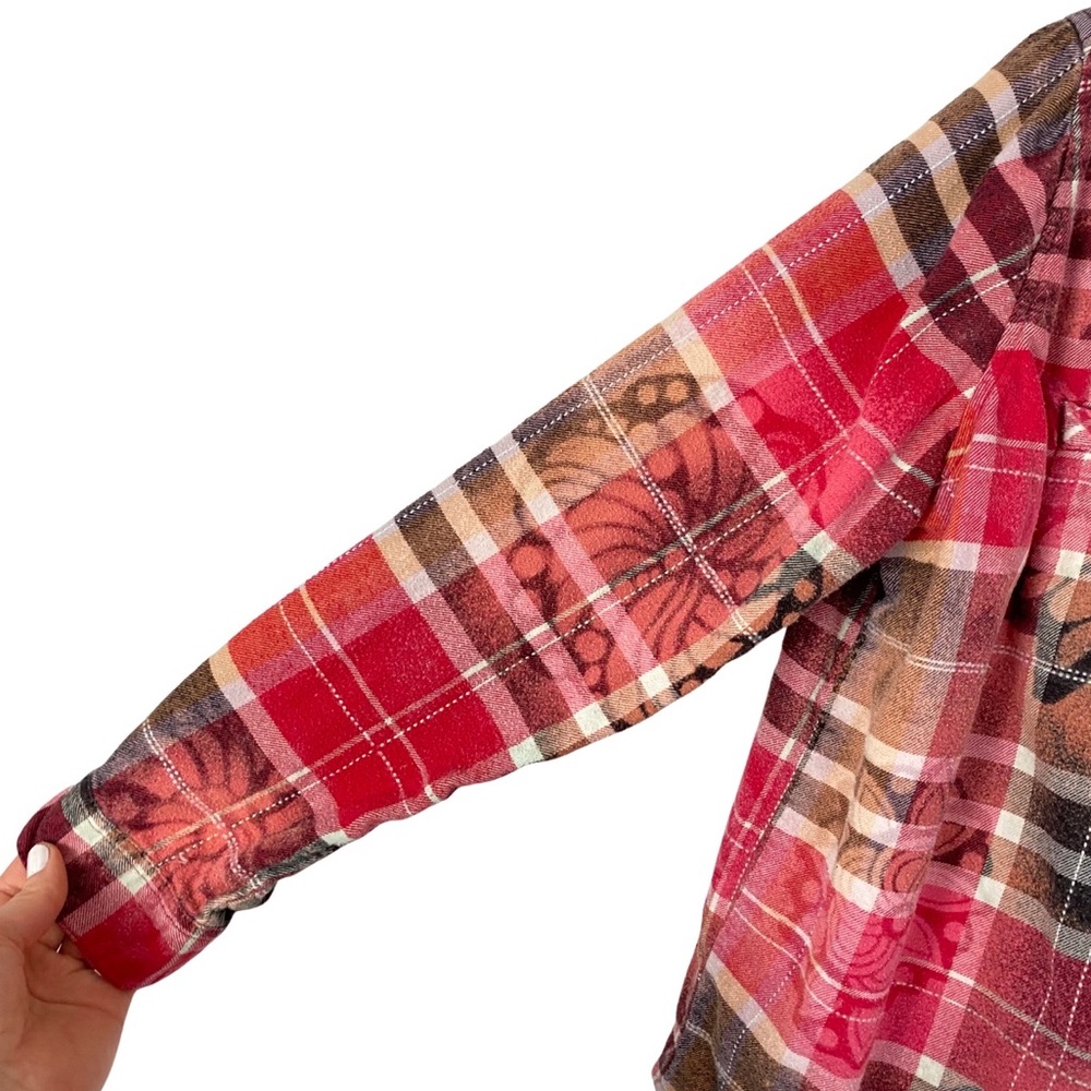 Reworked Stencil Bleached Plaid Flannel Button Down Shirt Womens Size Medium - Picture 10 of 16